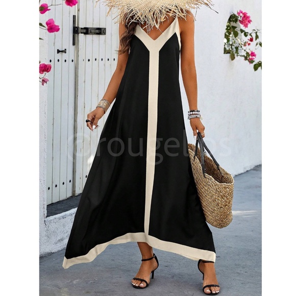 Black Maxi Dress Beige Trim V-Neck Cami A-Line Loose Flared Fit - Picture 5 of 6